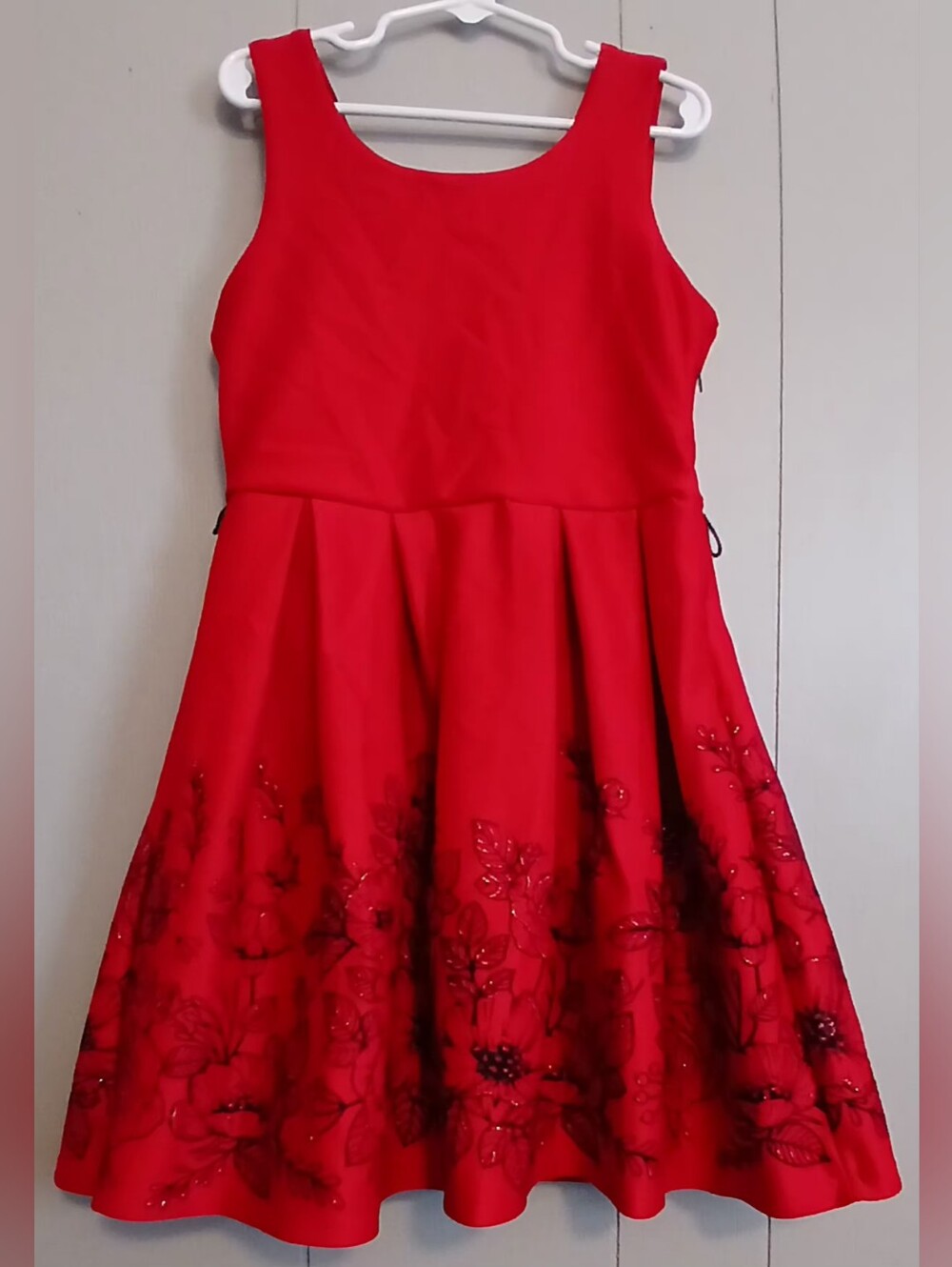 Red Floral Trim Girls' Party Dress